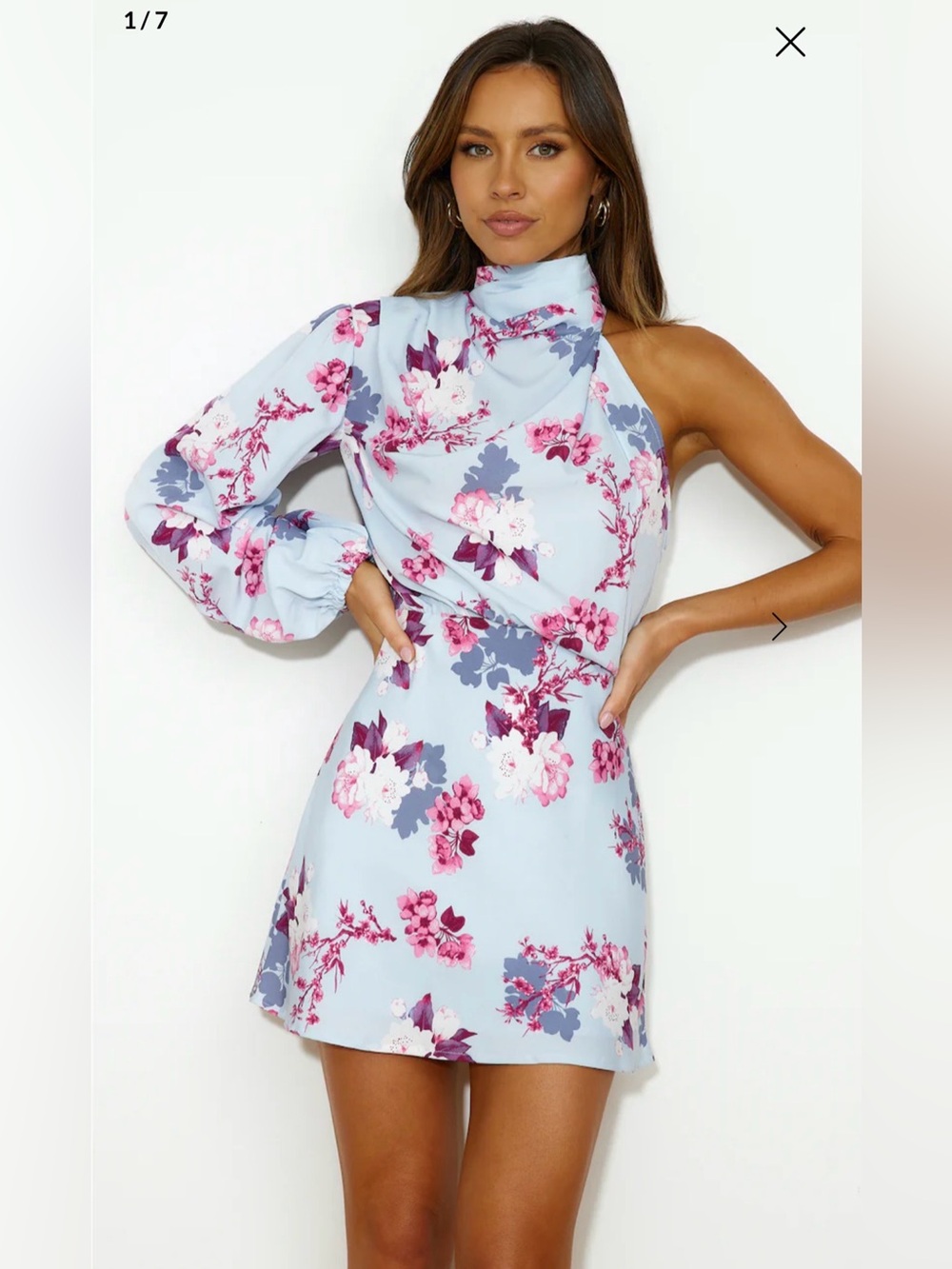 Hello Molly Light Blue One-Shoulder Floral Mini Dress